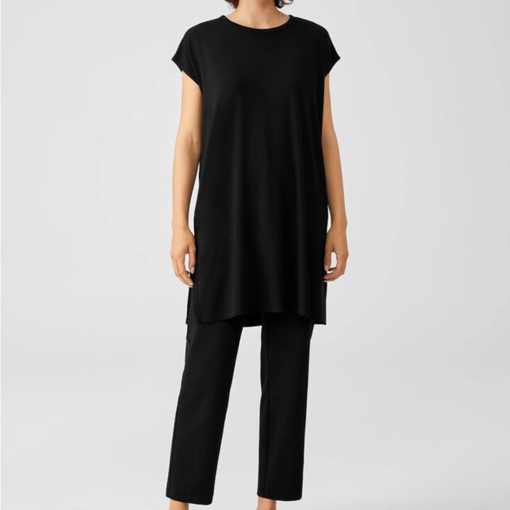 Eileen Fisher Black‎ Tencel Jersey Side Slit Tunic Top Size Medium Summer 22